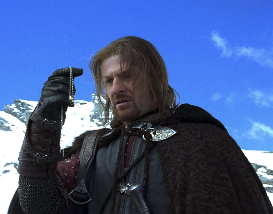 Screenshot of The Fellowhip of the Ring, Boromir ogling the Ring of Power